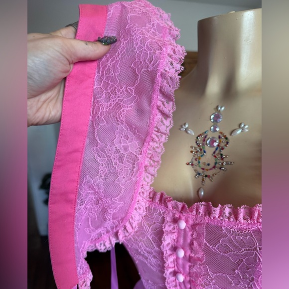 Current Mood Vibrant Pink Lace Layered Semi Sheer Maxi Dress size S NWOT - Picture 17 of 17